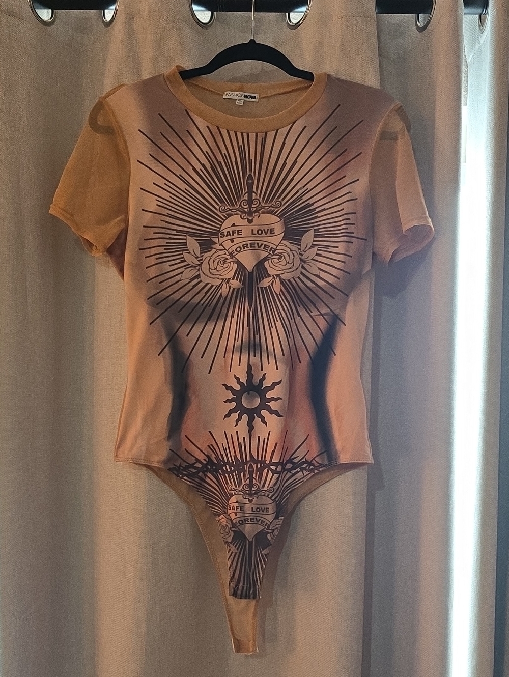 Fashion Nova Tan Graphic Short-Sleeve Bodysuit